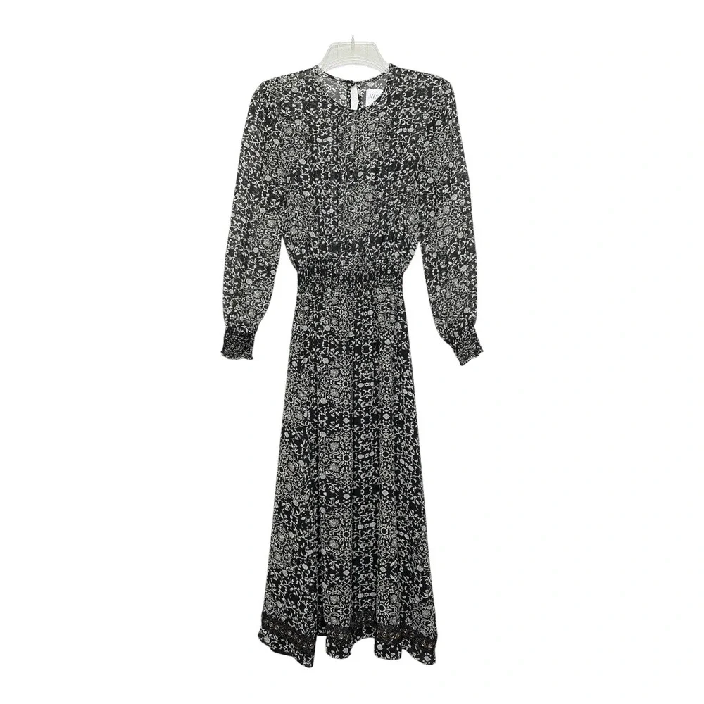 MISA Los Angeles Black White Floral Paisley Smocked Midi Dress XS Made in USA